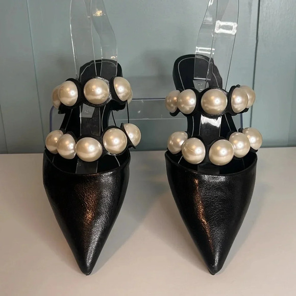 Zara Basic Collection Black Leather Mules w/ Pearl Accent Straps. Size 39. NWOT. - Picture 4 of 15